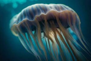 a etéreo medusa retratado dentro hipnotizante submerso Largo escala. criativo recurso, ai gerado foto