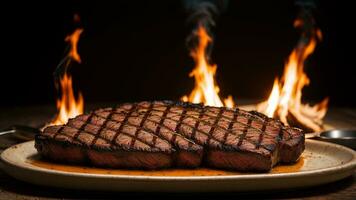 carne bife em a fogo assar com fumaça e chamas. ai gerado foto