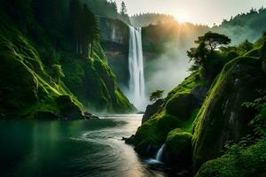 uma imperial cascata cercado de exuberante vegetação e névoa , exibindo a poder e beleza do natureza. criativo recurso, ai gerado foto