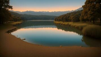 calma beira do lago cena com uma calma corpo do água refletindo a verificação natureza. ai gerado foto