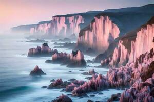 às a começando do a dia, a falésias perto a costa estão coberto dentro □ Gentil tons do luz azul e pálido rosa.. criativo recurso, ai gerado foto