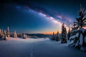 arquibancada uma pacífico minuto Como papai noel trenó flutua através uma estrelado, neve beijou céu. ai gerado foto