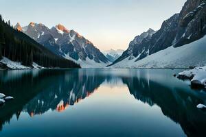 uma impecável elevado lago refletindo a seguro cristas do invólucro montanhas. ai gerado foto