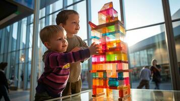 dois jovem Rapazes construção uma imponente arranha-céu Fora do colorida blocos foto