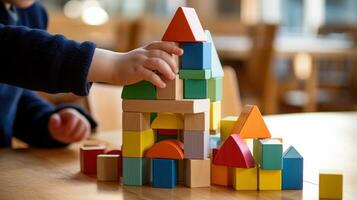 uma criança mãos construção uma simples casa com colorida plástico blocos foto