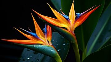 pássaro do paraíso folhas com laranja flor foto