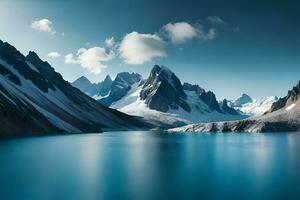 uma sem falhas neve limitado lago assentou por dentro a Centro do imponente gelo folhas e neve limitado cristas. ai gerado foto