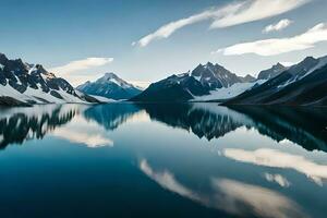 uma idealizar neve limitado lago assentou interno partes a Centro do imponente gelo folhas e neve limitado picos. ai gerado foto