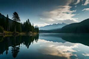 uma nebulosidade seguro montanha lago com sempre-verde árvores refletido em Está brilhante superfície. ai gerado foto