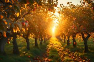 a maçã casa às pôr do sol, com brilhante luz peneirar através colorida leva desligado. criativo recurso, ai gerado foto