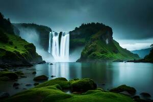 uma imperial cascata cercado de alcoólico vegetação e obscurecer , exibindo a barão e beleza do natureza. criativo recurso, ai gerado foto