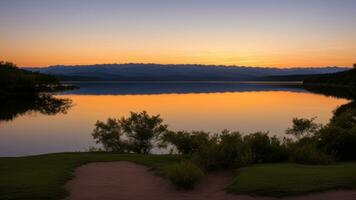 uma pacífico anoitecer sobre uma sereno montanha lago. criativo recurso, ai gerado foto