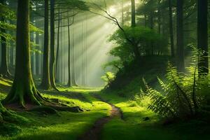 a encantador floresta iluminado de queimar do luz solar filtrando através a denso marquise do canto. criativo recurso, ai gerado foto