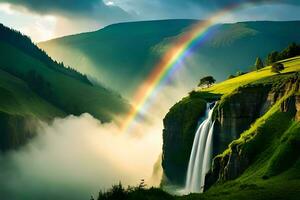 uma maravilhoso cascata incluído de bem fora vegetação e uma arco Iris formando dentro Está nebulosidade. ai gerado foto