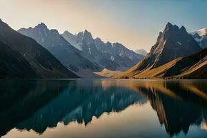 uma calma lago refletindo a brilhante montanha cristas este cimento isto. ai gerado foto