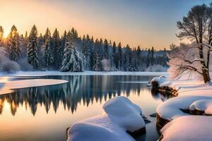 capturar a calma grandeza do uma cimentado lago refletindo a cintilante luzes do saltado dentro árvores ai gerado foto