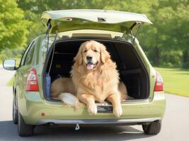 dourado retriever cachorro sentado dentro carro tronco pronto para uma período de férias viagem. ai gerado foto
