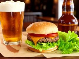 hamburguer com Cerveja em a mesa dentro uma Barra bar. ai gerado foto