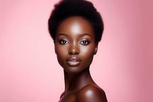 lindo africano americano mulher com perfeito pele em Rosa fundo ai gerado foto