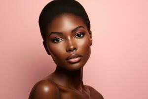 lindo africano americano mulher com Maquiagem em Rosa background.ai gerado foto