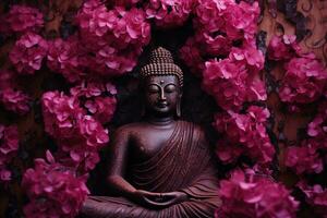 Buda estátua com vermelho flores fundo ai gerado foto