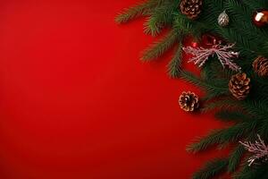 Natal fundo com abeto galhos, cones e presente caixa em vermelho fundo ai gerado foto