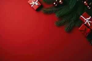 Natal fundo com abeto galhos, cones e presente caixa em vermelho fundo ai gerado foto