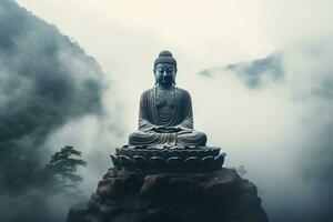 Buda estátua em a topo do montanha dentro enevoado manhã ai gerado foto
