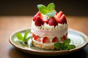 morango bolo com açoitado creme e fresco morangos em Sombrio fundo ai gerado foto