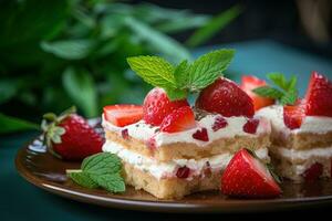 morango bolo com açoitado creme e fresco morangos, seletivo foco ai gerado foto