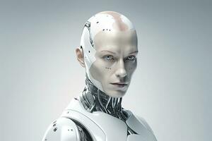 retrato do uma robô dentro uma branco futurista interiores, artificiais inteligência conceito ai gerado foto
