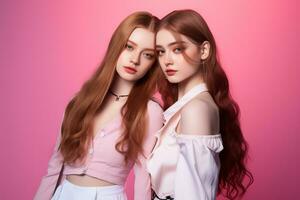 retrato do dois lindo meninas dentro a estúdio em uma Rosa fundo ai gerado foto