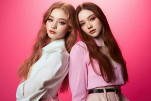 retrato do dois lindo meninas dentro a estúdio em uma Rosa fundo ai gerado foto