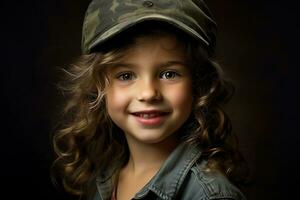 retrato do uma pequeno menina dentro uma militares uniforme. estúdio tomada. ai gerado foto