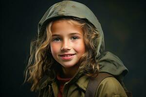 retrato do uma pequeno menina dentro uma militares uniforme. estúdio tomada. ai gerado foto