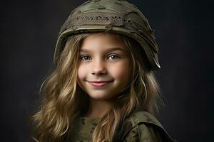 retrato do uma pequeno menina dentro uma militares uniforme. estúdio tomada. ai gerado foto