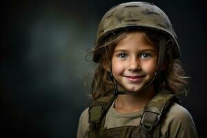 retrato do uma pequeno menina dentro uma militares uniforme. estúdio tomada. ai gerado foto