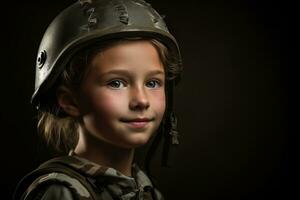 retrato do uma pequeno menina dentro uma militares uniforme. estúdio tomada. ai gerado foto