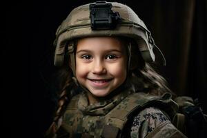 retrato do uma pequeno menina dentro uma militares uniforme. estúdio tomada. ai gerado foto