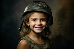 retrato do uma pequeno menina dentro uma militares uniforme. estúdio tomada. ai gerado foto