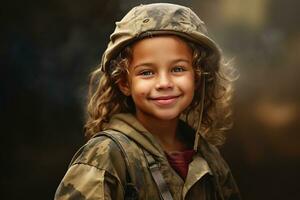 retrato do uma pequeno menina dentro uma militares uniforme. estúdio tomada. ai gerado foto