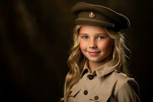 retrato do uma pequeno menina dentro uma militares uniforme. estúdio tomada. ai gerado foto