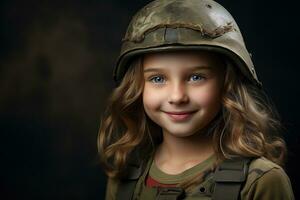 retrato do uma pequeno menina dentro uma militares uniforme. estúdio tomada. ai gerado foto