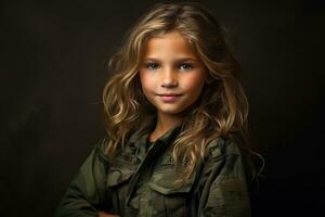 retrato do uma pequeno menina dentro uma militares uniforme. estúdio tomada. ai gerado foto