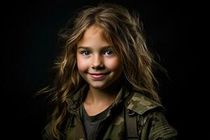 retrato do uma pequeno menina dentro uma militares uniforme. estúdio tomada. ai gerado foto