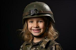 retrato do uma pequeno menina dentro uma militares uniforme. estúdio tomada. ai gerado foto