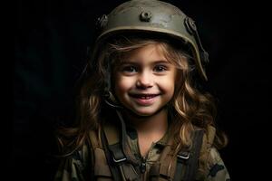 retrato do uma pequeno menina dentro uma militares uniforme. estúdio tomada. ai gerado foto