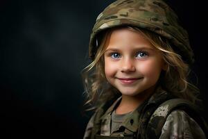 retrato do uma pequeno menina dentro uma militares uniforme. estúdio tomada. ai gerado foto