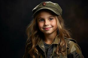 retrato do uma pequeno menina dentro uma militares uniforme. estúdio tomada. ai gerado foto