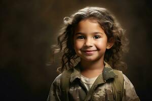 retrato do uma pequeno menina dentro uma militares uniforme. estúdio tomada. ai gerado foto